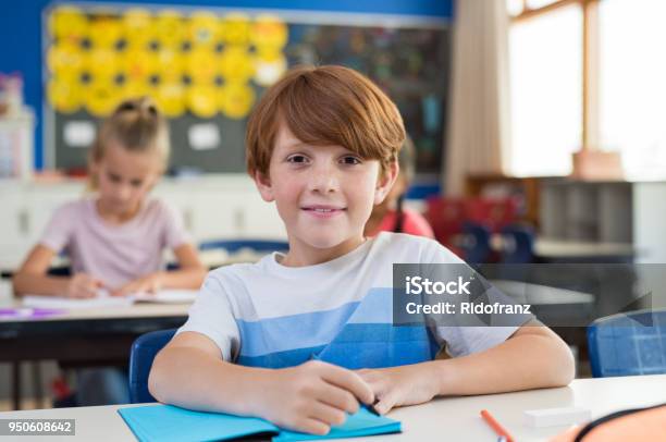 Happy Boy At Elementary School Stock Photo - Download Image Now - Boys, Education, School Building