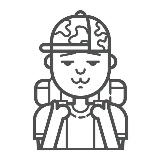 Vector illustration of Tourist man icon. Nature outdoorman and sightseer. On vacation, hiking, trekking and camping Tourism and travel icon. Line art