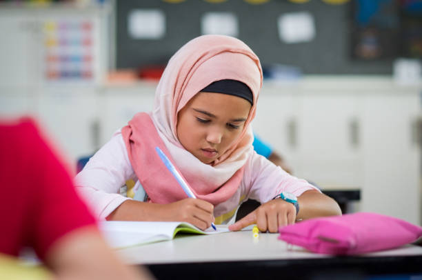 istock Young girl wearing hijab studying 950609476