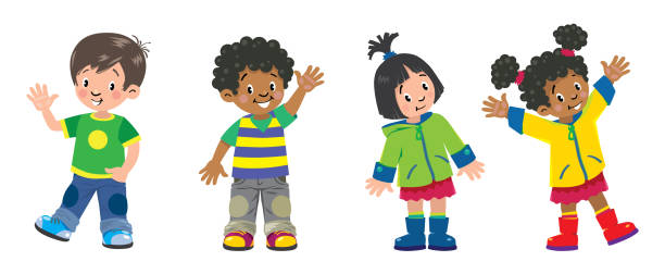 Children. Set of 4 Kids, smiling boys and girls Set of 4 Kids, funny smiling boys and girls waving by hands. Children vector illustration kid waves stock illustrations