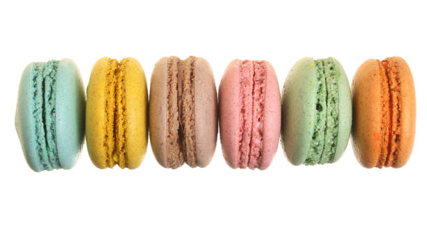istock colored macarons isolated on white background without a shadow closeup. Top view. Flat lay 950612722