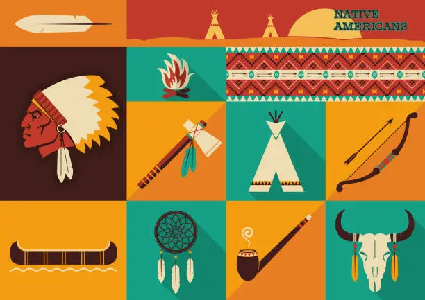 Vector illustration of Native Americans icons.Vector flat design