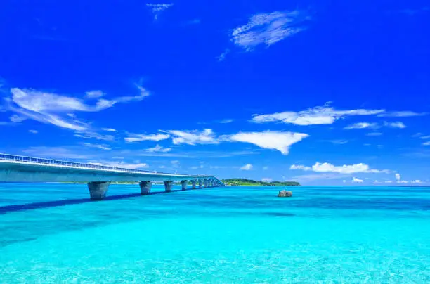 Miyakojima in summer. Ikema ohashi seen from Miyakojima side