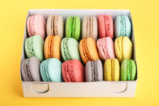 istock colorful macarons in box on yellow white background closeup 950614248