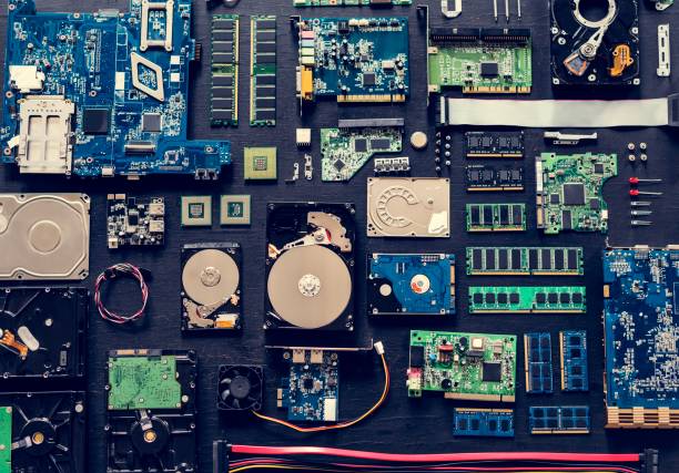 Aerial view of computer electronics components parts flat lay\n\n\n***These are our own 3D generic designs. They do not infringe on any copyrighted designs.***