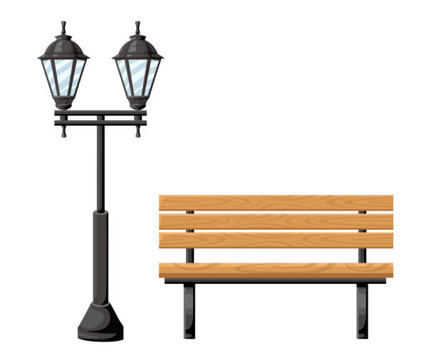 istock Outdoor wood bench and metal street light front view object for park cottage and yard vector illustration isolated on white background website page and mobile app design 950615130