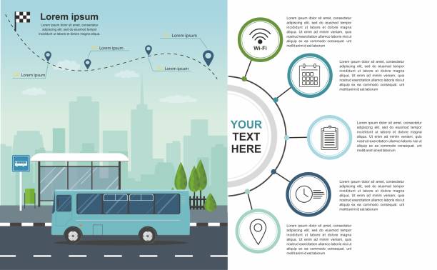 ilustrações, clipart, desenhos animados e ícones de infográfico de transporation autocarro na paragem do autocarro, no fundo da cidade - bus station