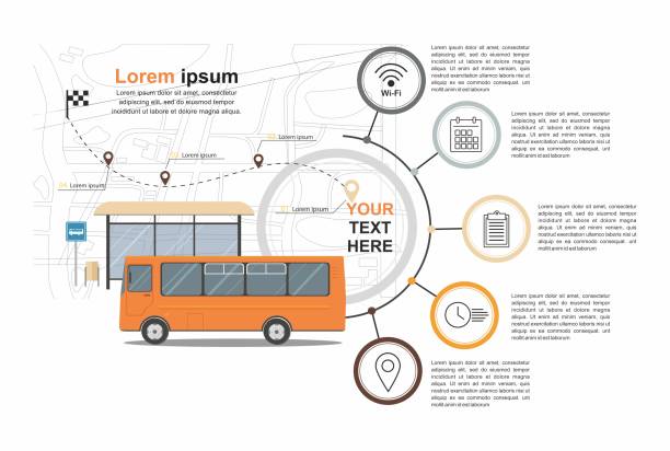 Orange Bus at the bus stop on background of city map, Transport infographic. Orange Bus at the bus stop on background of city map, Transport infographic. Vector Illuatration bus livery stock illustrations