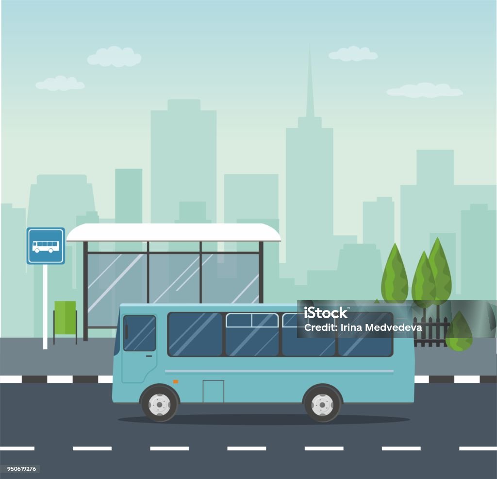 Mavi Otobüste Arka Planını Şehir Otobüs Durağında Stok Vektör Sanatı