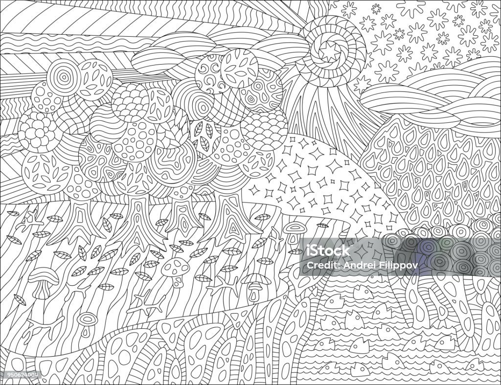 Coloring book page with beautiful landscape Black and white picture for coloring book with beautiful landscape and different seasons Coloring Book Page - Illlustration Technique stock vector