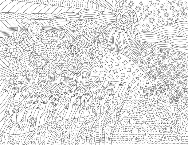 Coloring book page with beautiful landscape Black and white picture for coloring book with beautiful landscape and different seasons autumn coloring pages stock illustrations