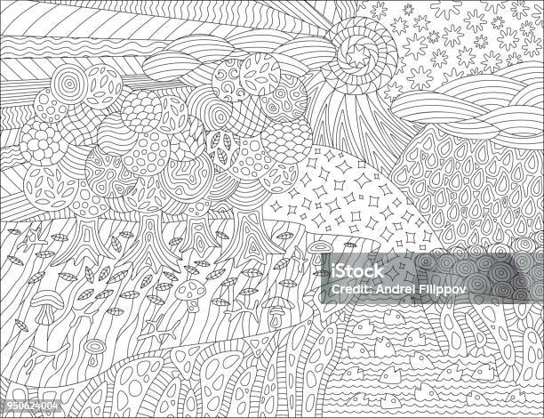 Coloring Book Page With Beautiful Landscape Stock Illustration - Download Image Now - Coloring Book Page - Illlustration Technique, Autumn, Landscape - Scenery