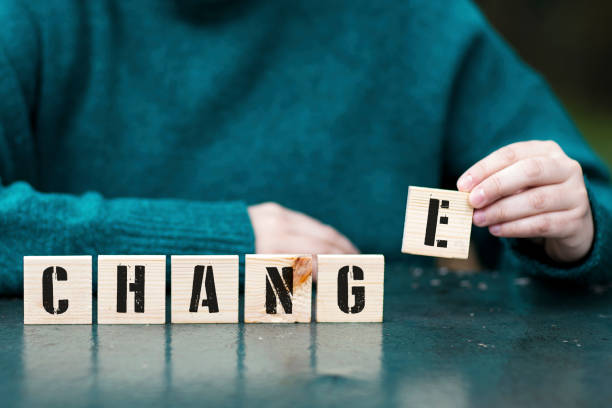 Change, Female hand playing with six wooden blocks