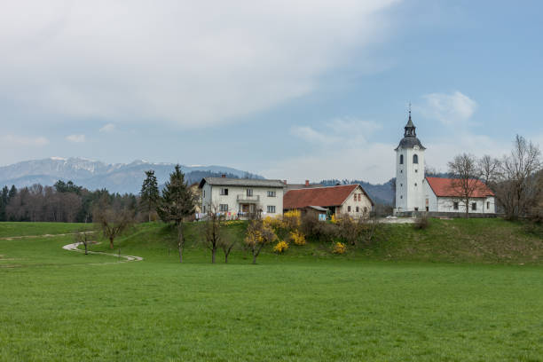 istock Green grass and mountains cute village 950628062