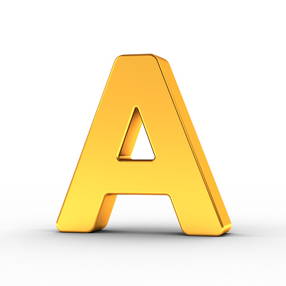The Letter A as a polished golden object over white background with clipping path for quick and accurate isolation.