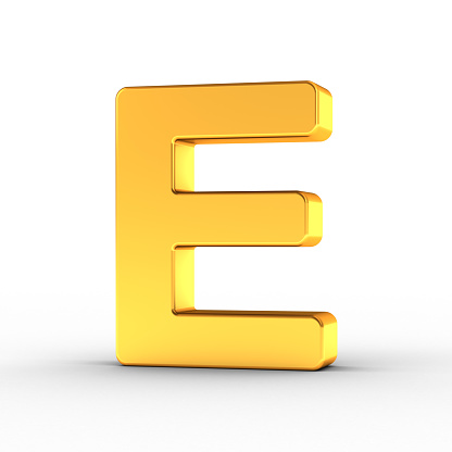The Letter E as a polished golden object over white background with clipping path for quick and accurate isolation.