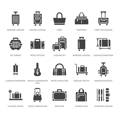 Luggage flat glyph icons. Carry-on, hardside suitcases, wheeled bags, pet carrier, travel backpack. Baggage dimensions and weight signs. Solid silhouette pixel perfect 64x64.