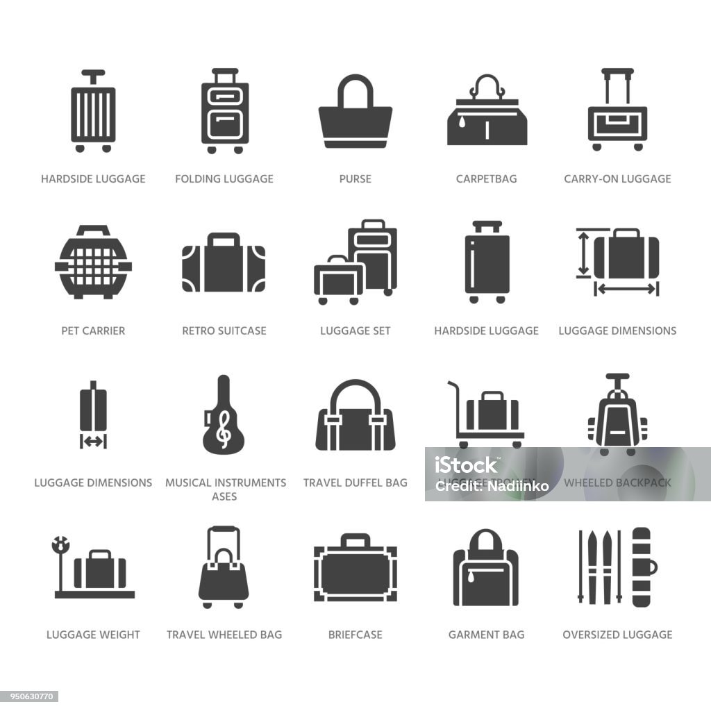 Luggage flat glyph icons. Carry-on, hardside suitcases, wheeled bags, pet carrier, travel backpack. Baggage dimensions and weight signs. Solid silhouette pixel perfect 64x64 Luggage flat glyph icons. Carry-on, hardside suitcases, wheeled bags, pet carrier, travel backpack. Baggage dimensions and weight signs. Solid silhouette pixel perfect 64x64. Icon Symbol stock vector