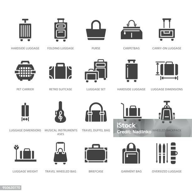 Luggage Flat Glyph Icons Carryon Hardside Suitcases Wheeled Bags Pet Carrier Travel Backpack Baggage Dimensions And Weight Signs Solid Silhouette Pixel Perfect 64x64 Stock Illustration - Download Image Now