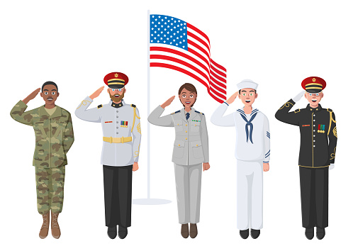 Five American Soldiers in Uniform. May be used for Memorial Day, Veterans Day, Independence Day Events. Material for Poster, Banner, Website.