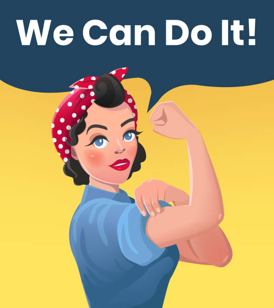 We Can Do It Poster Illustration We Can Do It Poster Illustration. Vector Style Sexy Strong Brunette Girl. Classical American Symbol of Female Power, Solidarity, Human Rights, Protest, Feminism, Riot. Image in Retro Comic Style woman on colored background stock illustrations