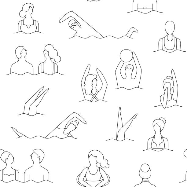 Line art seamless pattern. People on the beach, coloring page vector Line art seamless pattern. People swiming on the beach, coloring page vector illustration swimming drawings stock illustrations