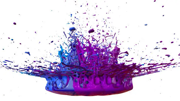 paints dance on white background. Simulation of 3d splashes of ink on a musical speaker that play music. beautiful splashes in ultra high quality.