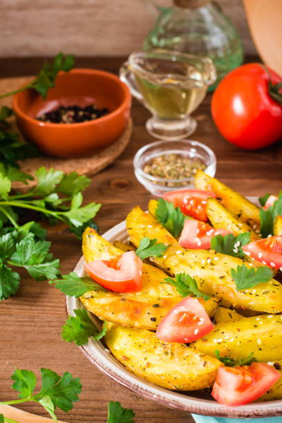istock Baked potatoes in a peel with tomatoes in a plate 950637870