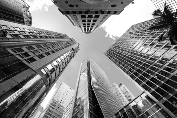 istock Modern skyscrapers shot with perspective (Black and White) 950639078