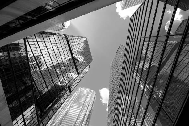 istock Modern skyscrapers shot with perspective (Black and White) 950639124