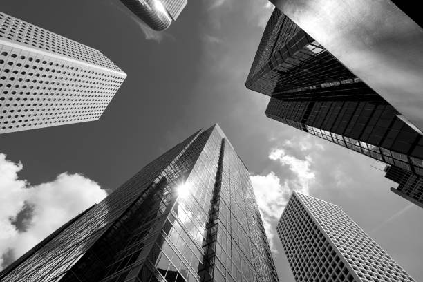 istock Modern skyscrapers shot with perspective (Black and White) 950639320