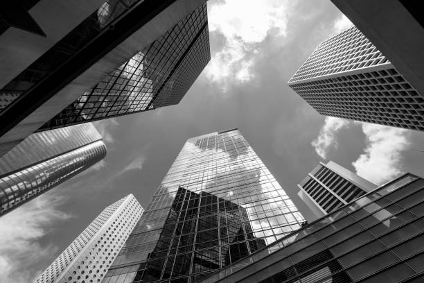 modern skyscrapers shot with perspective (black and white) - horizontal chrome clean corporate business imagens e fotografias de stock