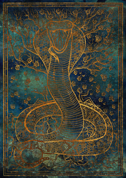 Gold Snake symbol with Eve, Adam, tree of knowledge and flowers on blue texture background Fantasy engraved illustration. Zodiac animals of eastern calendar, mysterious concept adam-and-eve-background stock illustrations
