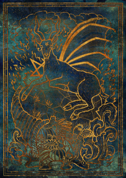 Golden Goat symbol with horn of abundance, hell fire and diabolic sign - pentagram on blue texture background Fantasy engraved illustration. Zodiac animals of eastern calendar, mysterious concept satan goat stock illustrations