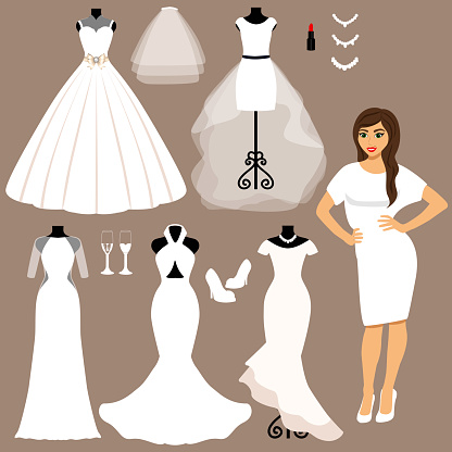 A set of wedding dresses. The choice. Clothes for the bride. Icons of wedding dresses. Vector illustration.