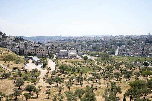 Jerusalem, Israel - April 15, 2018: panoramic view from mount of olives to old town of Jerusalem