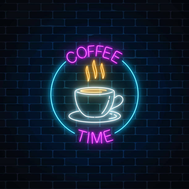 istock Neon coffee time glowing sign in circle frame on a brick background. Hot drink cafe inviting signboard design. 950649208