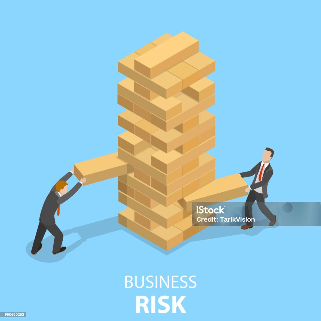 Buiness risks flat isometric vector concept. Business risks flat isometric vector concept. Two businessmen are playing the Tower game. Risk stock vector