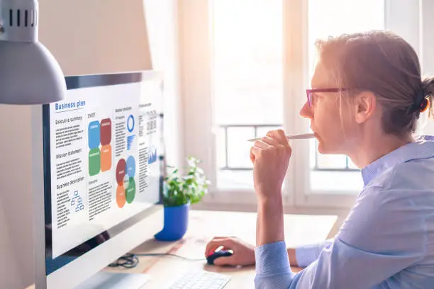 Photo of Businesswoman working on Business Plan, computer screen, startup found raising