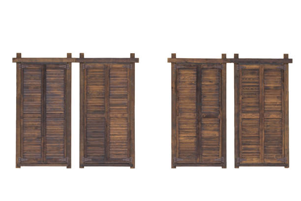 istock Rustic brown wooden window shutters isolated on the white background 950654022
