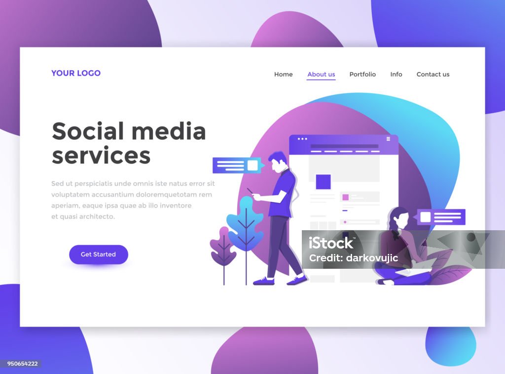 Flat Modern design of website template - Social Media Services Landing page template of Social media services. Modern flat design concept of web page design for website and mobile website. Easy to edit and customize. Vector illustration Social Media stock vector