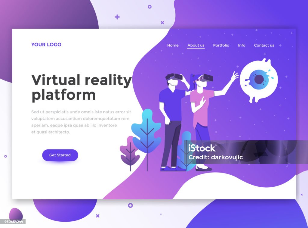 Flat Modern design of website template - Virtual reality platform Landing page template of Virtual Reality platform. Modern flat design concept of web page design for website and mobile website. Easy to edit and customize. Vector illustration Virtual Reality Simulator stock vector
