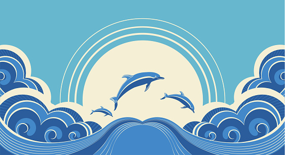 Blue dolphins jumping in sea in summer day