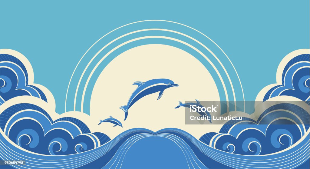 Blue dolphins jumping in sea in summer day Dolphin stock vector