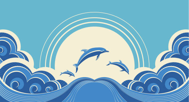 Blue dolphins jumping in sea in summer day Blue dolphins jumping in sea in summer day dolphin stock illustrations