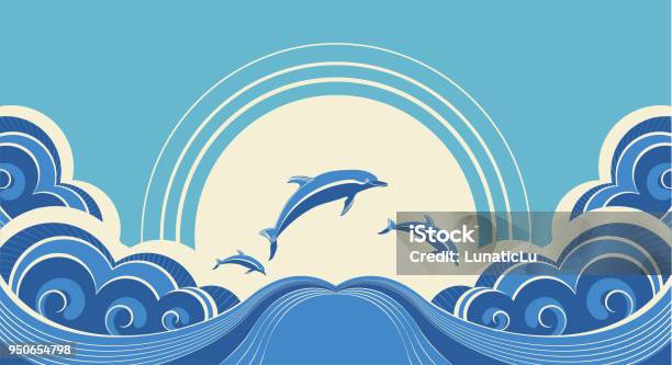 Blue Dolphins Jumping In Sea In Summer Day Stock Illustration - Download Image Now - Dolphin, Jumping, Sea