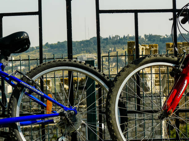 Ankara, Türkiye - October 18, 2024 : Storage device on rear wheel of bicycles for rent around Lake Eymir