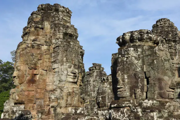 Faces of Bayon temple in Angkor Thom at Siemreap on Cambodia.