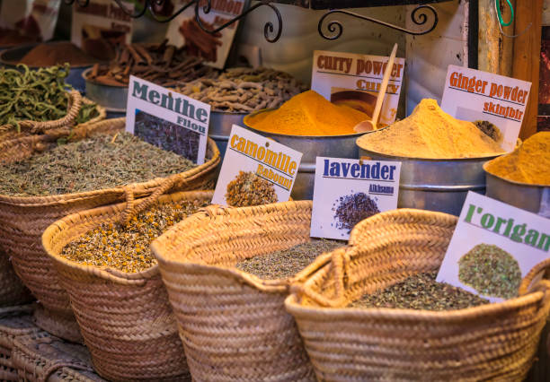 dried herbs and spices in a street market stall - Fez souk, Morocco