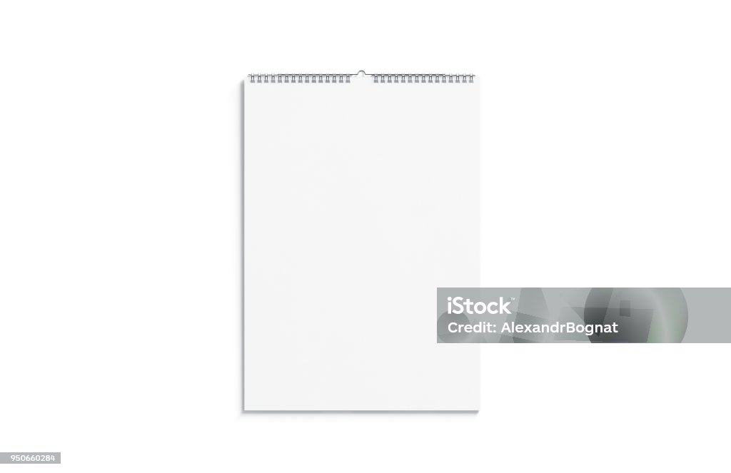 Blank white calendar mock up front view, isolated Blank white calendar mock up front view, isolated, 3d rendering. Empty almanac a3 mockup with metal spirals. Clear wall mounted menology template. Portrait vertical calender Calendar Stock Photo